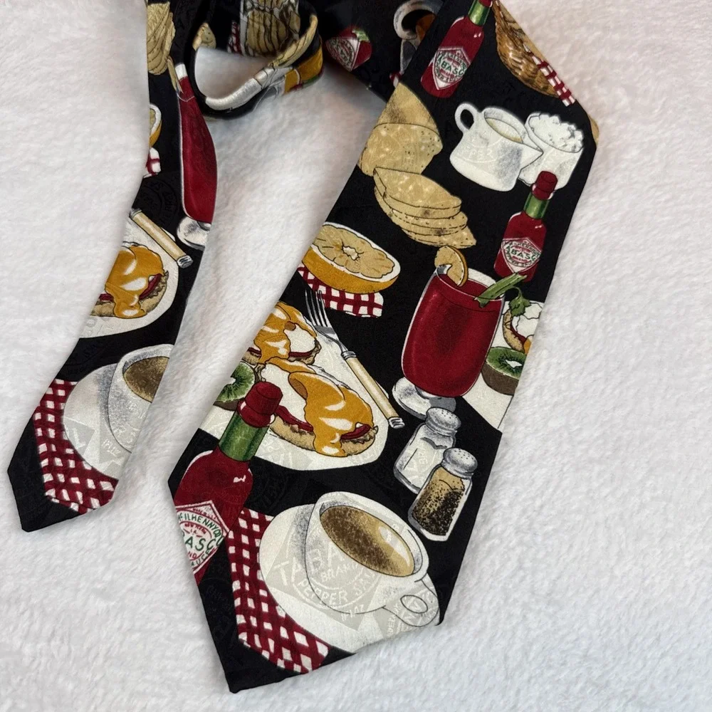 TABASCO for Breakfast Coffee Bagels Eggs Bacon Men's Novelty 100% Silk Tie